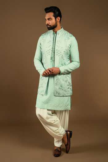 Shop_Punit Arora_Green Silk, Cotton Tonal Embroidered Bundi Kurta Set _Online_at_Aza_Fashions