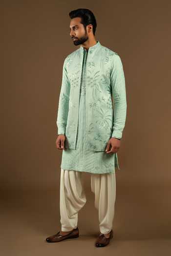 Buy_Punit Arora_Green Silk, Cotton Tonal Embroidered Bundi Kurta Set 