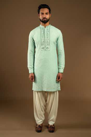 Shop_Punit Arora_Green Silk, Cotton Tonal Embroidered Bundi Kurta Set 