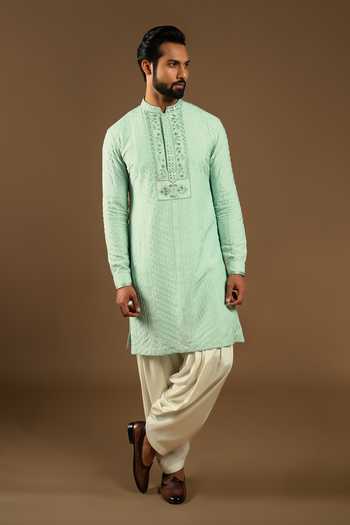 Punit Arora_Green Silk, Cotton Tonal Embroidered Bundi Kurta Set _Online