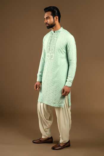 Buy_Punit Arora_Green Silk, Cotton Tonal Embroidered Bundi Kurta Set _Online