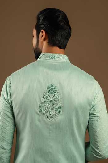 Shop_Punit Arora_Green Silk, Cotton Tonal Embroidered Bundi Kurta Set _at_Aza_Fashions