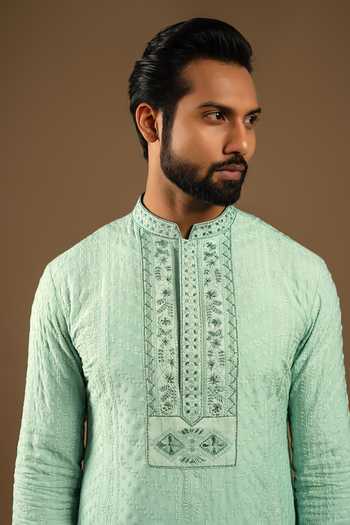Shop_Punit Arora_Green Silk, Cotton Tonal Embroidered Bundi Kurta Set _Online