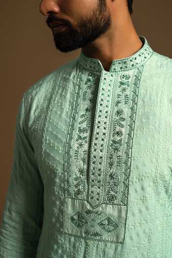 Punit Arora_Green Silk, Cotton Tonal Embroidered Bundi Kurta Set 