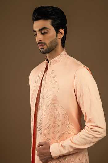 Punit Arora_Peach Silk, Cotton Zari, Stones, Tonal Embroidered Longline Bundi Kurta Set _Online_at_Aza_Fashions