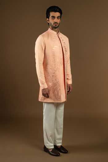 Buy_Punit Arora_Peach Silk, Cotton Zari, Stones, Tonal Embroidered Longline Bundi Kurta Set _Online_at_Aza_Fashions
