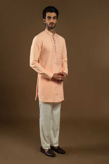 Punit Arora_Peach Silk, Cotton Zari, Stones, Tonal Embroidered Longline Bundi Kurta Set _at_Aza_Fashions