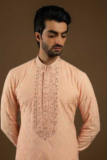 Buy_Punit Arora_Peach Silk, Cotton Zari, Stones, Tonal Embroidered Longline Bundi Kurta Set 