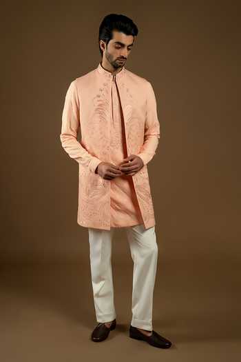 Shop_Punit Arora_Peach Silk, Cotton Zari, Stones, Tonal Embroidered Longline Bundi Kurta Set _at_Aza_Fashions