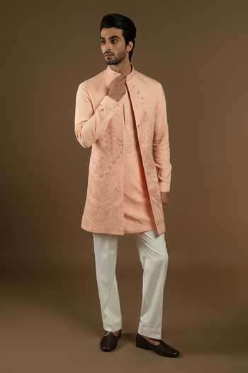 Shop_Punit Arora_Peach Silk, Cotton Zari, Stones, Tonal Embroidered Longline Bundi Kurta Set 