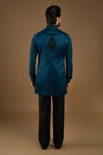 Shop_Punit Arora_Blue Silk, Cotton Embroidery Bundi Kurta Set _at_Aza_Fashions