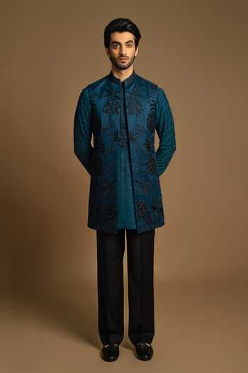 Buy_Punit Arora_Blue Silk, Cotton Embroidery Bundi Kurta Set _Online_at_Aza_Fashions