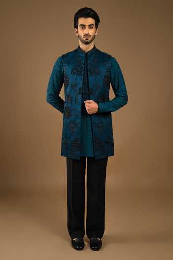 Buy_Punit Arora_Blue Silk, Cotton Embroidery Bundi Kurta Set _at_Aza_Fashions