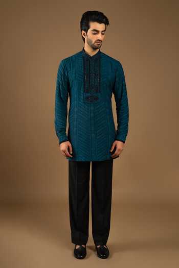 Punit Arora_Blue Silk, Cotton Embroidery Bundi Kurta Set _at_Aza_Fashions