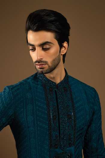 Punit Arora_Blue Silk, Cotton Embroidery Bundi Kurta Set _Online