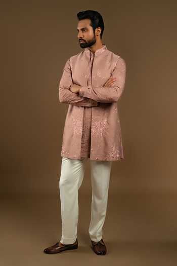 Shop_Punit Arora_Peach Silk, Cotton Embroidered Bundi Kurta Set _at_Aza_Fashions