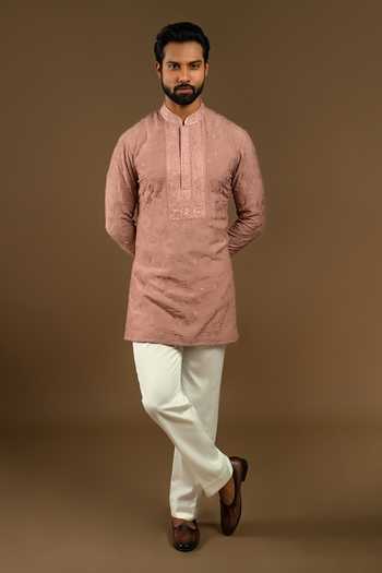 Shop_Punit Arora_Peach Silk, Cotton Embroidered Bundi Kurta Set _Online_at_Aza_Fashions