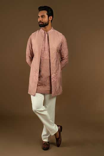 Punit Arora_Peach Silk, Cotton Embroidered Bundi Kurta Set _at_Aza_Fashions