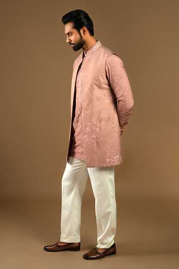 Buy_Punit Arora_Peach Silk, Cotton Embroidered Bundi Kurta Set 