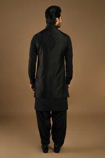 Shop_Punit Arora_Black Silk, Cotton Embroidery Bundi Kurta Set _at_Aza_Fashions