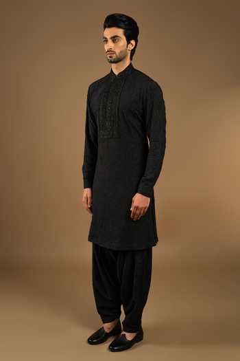 Shop_Punit Arora_Black Silk, Cotton Embroidery Bundi Kurta Set 
