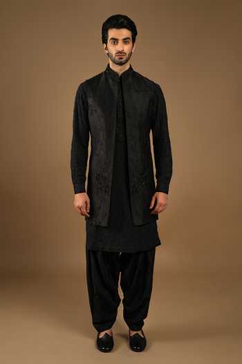 Punit Arora_Black Silk, Cotton Embroidery Bundi Kurta Set _Online