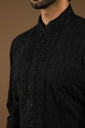 Buy_Punit Arora_Black Silk, Cotton Embroidery Bundi Kurta Set _Online