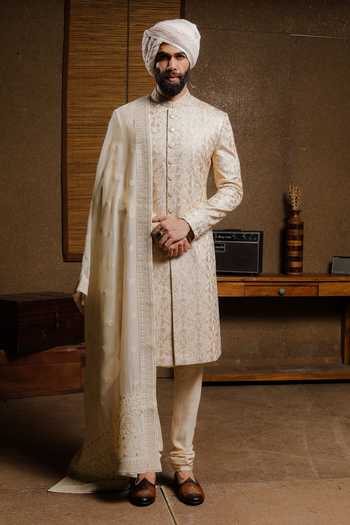 Buy_Punit Arora_Beige Silk Embroidery Elite Shade Of Sherwani Set _at_Aza_Fashions