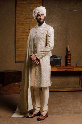 Shop_Punit Arora_Beige Silk Embroidery Elite Shade Of Sherwani Set _Online_at_Aza_Fashions