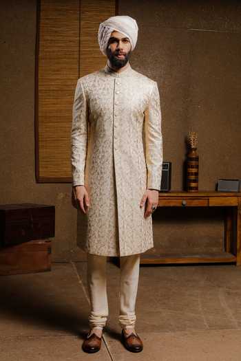Shop_Punit Arora_Beige Silk Embroidery Elite Shade Of Sherwani Set _at_Aza_Fashions
