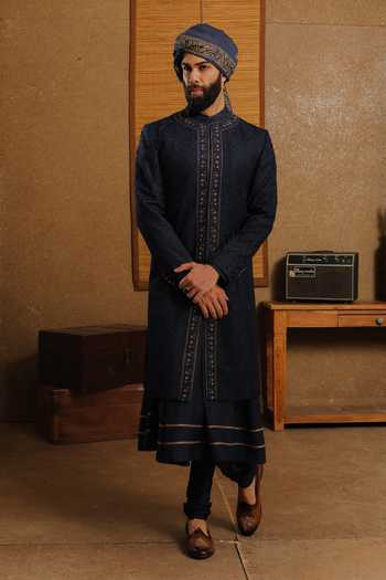 Shop_Punit Arora_Navy Silk Embroidery Redefining Royalty Sherwani Set _at_Aza_Fashions