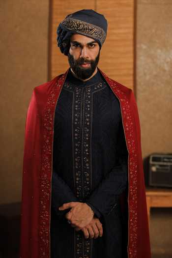 Punit Arora_Navy Silk Embroidery Redefining Royalty Sherwani Set _Online_at_Aza_Fashions