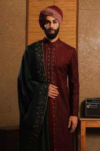 Buy_Punit Arora_Maroon Silk Embroidery The Exceptional Contrast Sherwani Set _Online_at_Aza_Fashions