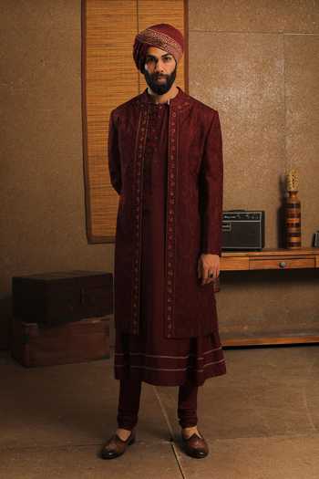 Shop_Punit Arora_Maroon Silk Embroidery The Exceptional Contrast Sherwani Set _at_Aza_Fashions