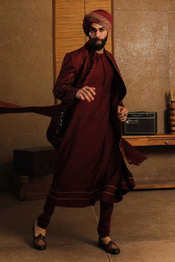 Shop_Punit Arora_Maroon Silk Embroidery The Exceptional Contrast Sherwani Set _Online_at_Aza_Fashions