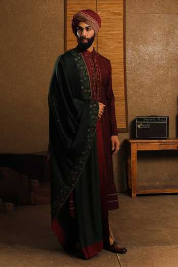 Punit Arora_Maroon Silk Embroidery The Exceptional Contrast Sherwani Set _at_Aza_Fashions