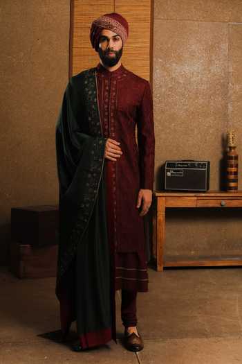 Buy_Punit Arora_Maroon Silk Embroidery The Exceptional Contrast Sherwani Set 