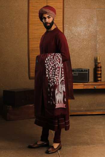 Shop_Punit Arora_Maroon Silk Embroidery The Exceptional Contrast Sherwani Set 