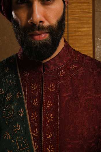 Punit Arora_Maroon Silk Embroidery The Exceptional Contrast Sherwani Set _Online