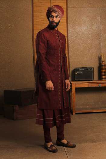 Buy_Punit Arora_Maroon Silk Embroidery The Exceptional Contrast Sherwani Set _Online