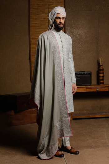 Shop_Punit Arora_Grey Silk Embroidery Grandiose Sherwani Set _at_Aza_Fashions