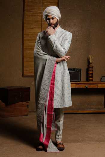 Punit Arora_Grey Silk Embroidery Grandiose Sherwani Set _Online_at_Aza_Fashions