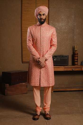 Shop_Punit Arora_Peach Silk Embroidery Serenade Sherwani Set _at_Aza_Fashions