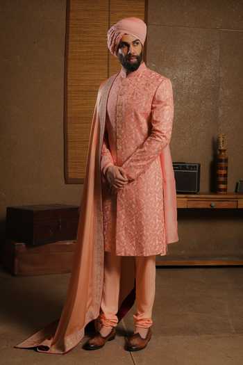 Punit Arora_Peach Silk Embroidery Serenade Sherwani Set _Online_at_Aza_Fashions