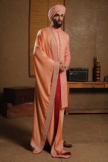 Buy_Punit Arora_Peach Silk Embroidery Serenade Sherwani Set _at_Aza_Fashions