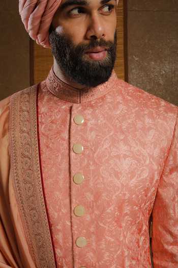 Buy_Punit Arora_Peach Silk Embroidery Serenade Sherwani Set _Online_at_Aza_Fashions