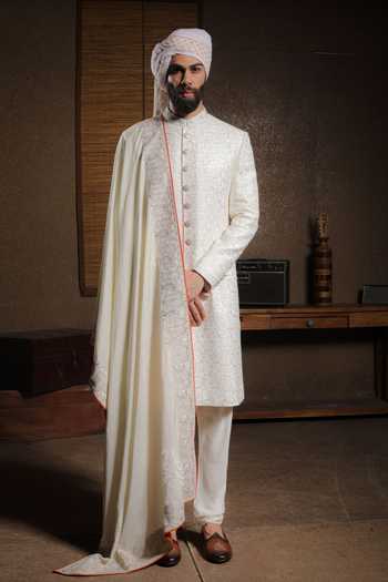 Buy_Punit Arora_Ivory Silk Embroidery Cream Elegance Sherwani Set _Online_at_Aza_Fashions