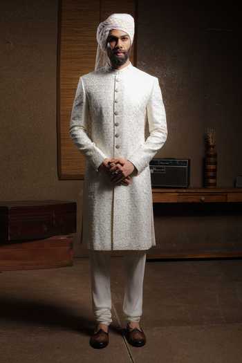 Shop_Punit Arora_Ivory Silk Embroidery Cream Elegance Sherwani Set _at_Aza_Fashions