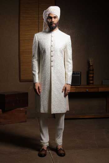 Shop_Punit Arora_Ivory Silk Embroidery Cream Elegance Sherwani Set _Online_at_Aza_Fashions