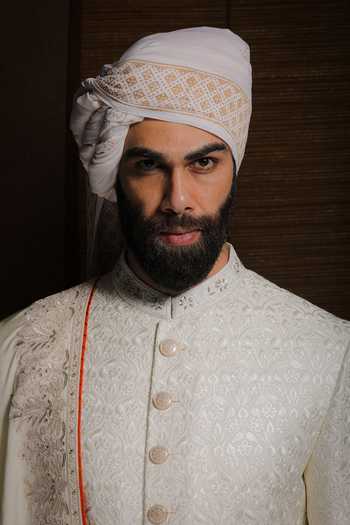 Punit Arora_Ivory Silk Embroidery Cream Elegance Sherwani Set _at_Aza_Fashions
